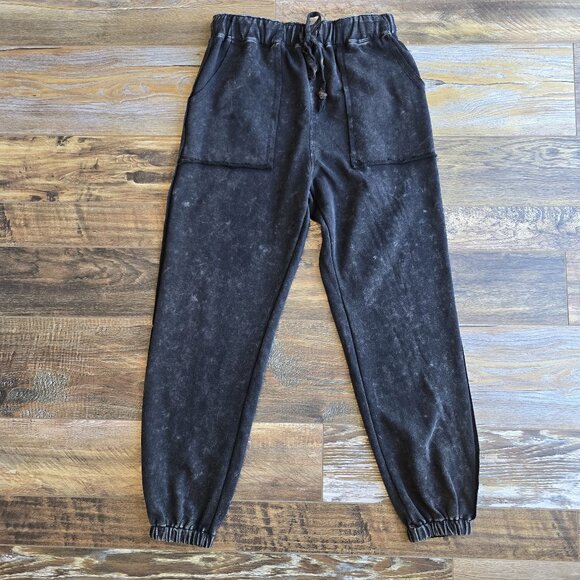 Oli & Hali Washed Terry Jogger Sweatpants Elastic Waist Drawstring Pocket Black